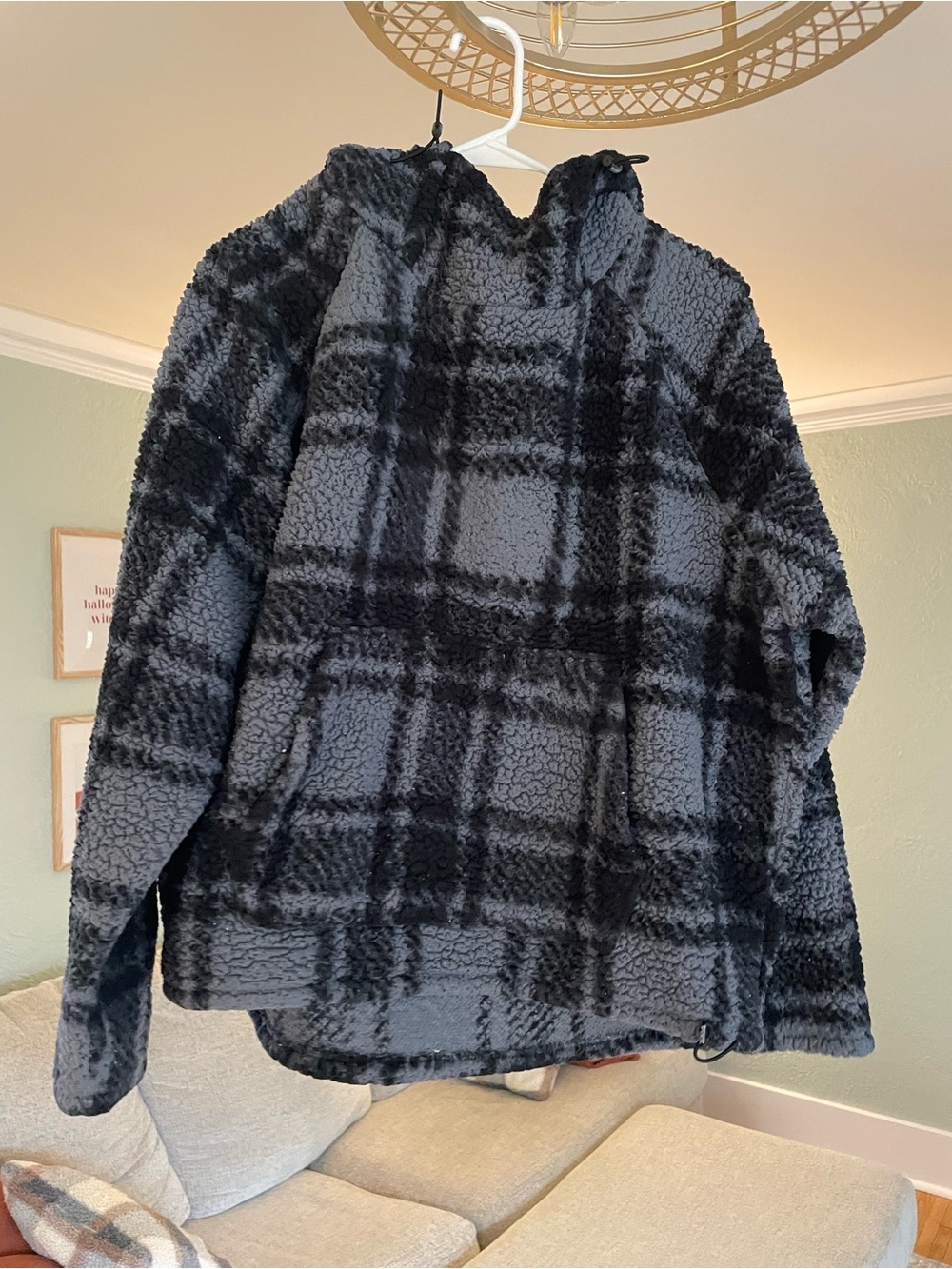 PINK Victoria's Secret Black and Gray Sherpa Plaid Hoodie